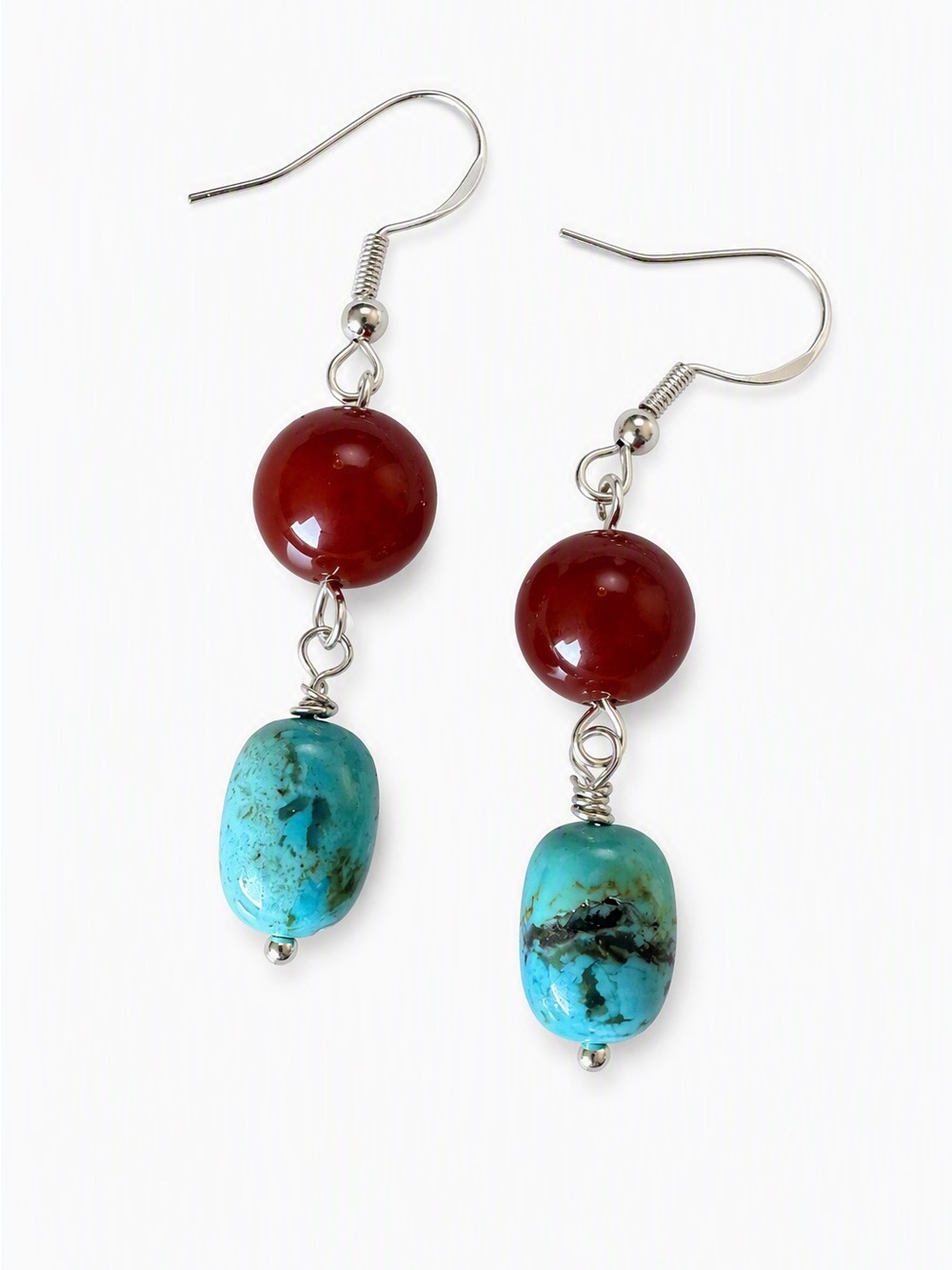 Sterling Silver Kingman Turquoise & Carnelian Dangle Earrings Handmade